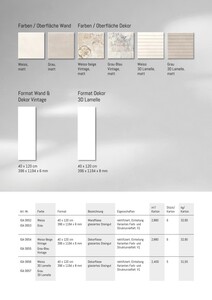Diverse Farbtöne für Wand und Dekor in Tabellarischer Darstellung. Formate 40 x 120cm