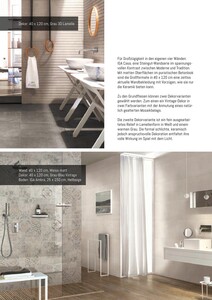 Zwei Anwendungsbeispiele. 1. Dekor: 40 x 120 cm, Grau 3D Lamelle und 2. Wand: 40 x 120 cm, Weiss matt. Dekor: 40 x 120 cm, Grau-Blau Vintage. Boden: IGA Ambra, 25 x 150 cm, Hellbeige