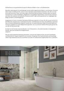 Gezeigt wird ein Beispiel eines Badezimmers mit weissen Bodenfliesen in 30x60cm, Wandfliesen in 60x120cm sowie dem Dekor Cementine in 30x60cm. Umfangreiche Tabellarische Übersicht.