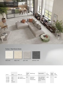 Farben / Oberfläche Boden weiß matt, beige matt, grau matt und anthrazit matt