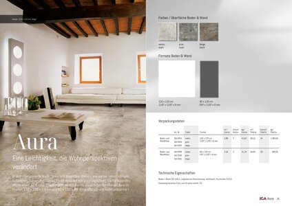 Aura. Eine Leichtigkeit, die Wohnperspektiven verändert. In sich changierende Weiß-, Grau- und Beigetöne. Farben, wie sie bei vielschichtigen natürlichen Steinen faszinieren. Es ist diese Art von Ursprünglichkeit, die für besondere Werte steht. Eine neue Eleganz geht daraus hervor, die sich bei den Fliesen Aura im Format 120 x 120 x 0,6 cm und 60 x 120 x 0,6 cm großzügig und leicht präsentiert.