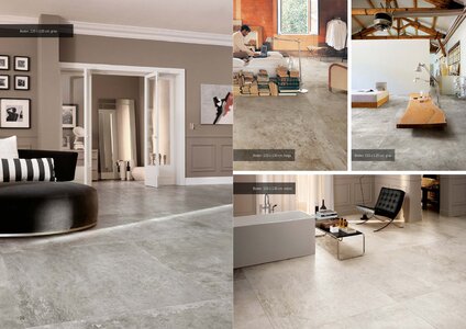 Die IGA exklusiv Serie Aura. Anwendungsbeispiele. Boden 120 x 120 cm in grau, beige und weiss.