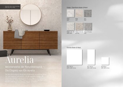 Aurelia. Meisterwerke der Natursteinoptik – Die Eleganz von IGA Aurelia. Die Serie IGA Aurelia ist die perfekte Kombination aus zeitloser Schönheit und moderner Funktionalität. Mit den speziellen Designs, die natürlichen Kalkstein und die Schönheit von Ceppo di Gre Naturstein nachempfinden, bietet diese Fliesen Serie die einzigartige Möglichkeit, Räumen einen Hauch von zeitloser Eleganz zu verleihen.