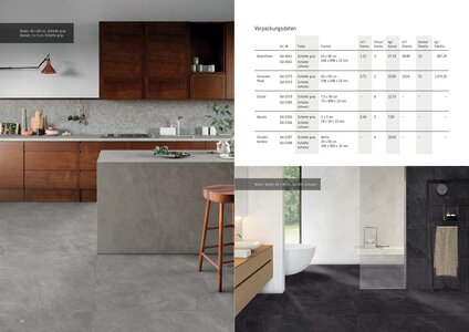 Verpackungsdaten Cliff. Bodenfliesen in Schiefer grau und Schiefer schwarz. Außerdem Terrassenfliesen, Sockel, Mosaik und Streifenbordüre.