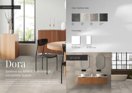 Dora. Symbiose aus Ästhetik, Funktionalität und höchster Qualität. Die Fliesen IGA Dora aus glasiertem Feinsteinzeug beeindrucken nicht nur durch ihre moderne Betonoptik, sondern auch durch ihre Strapazierfähigkeit. Mit einem Abrieb IV trotzen sie spielend den täglichen Herausforderungen, während die Trittsicherheit nach R10 B ein sicheres Gefühl in jedem Raum vermittelt.