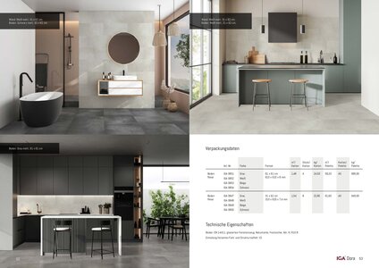 Verpackungsdaten der Bodenfliese Dora in grau, weiß, beige und schwarz. Technische Eigenschaften: Boden: EN 14411, glasiertes Feinsteinzeug, Naturkante, frostsicher, Abr. IV, R10 B. Einteilung Varianten Farb- und Strukturvielfalt: V2