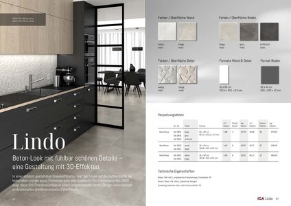 Die Fliesenserie IGA LINDO. Beton-Look mit fühlbar schönen Details – eine Gestaltung mit 3D-Effekten. In einer schlicht gestalteten Innenarchitektur liegt der Fokus auf der Authentizität der Materialien und der puren Formensprache aller Elemente.