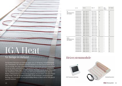 IGA Heat für Beläge im Verbund. Die Dünnbett-Heizmatte mit Kaltleiter eignet sich zur Verlegung in Ausgleichsmasse oder Fliesenkleber. Der teflonbeschichtete Heizleiter mit einem Durchmesser von ca. 2,8 mm verfügt über einen integrierten Rückleiter sowie einen Schutzleiteranschluss und ist auf einem selbsthaftenden Trägergeflecht fixiert. Im Lieferumfang enthalten sind ein Digital-Design-Regler mit WiFi-Funktion, Fernfühler und Uhr sowie Wellschutzrohr, Fühlerhülse und Anschlussdose. Die elektrische Flächenheizung ist ideal für Neubau, Altbausanierung und Renovierung geeignet und wird direkt unter dem Fliesenbelag verlegt. Dank der geringen Aufbauhöhe und der einfachen, anschlussfertigen Montage sorgt sie schnell für eine gleichmäßige Wärme im Raum und ist VDE-geprüft sowie CE-konform.